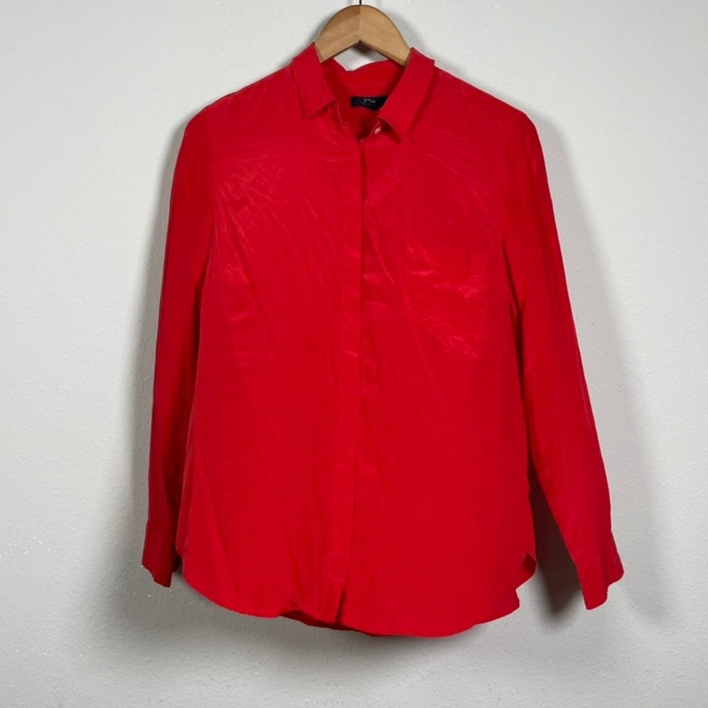 J.Crew 100% Silk Button Down Blouse Women 12 Red Long Sleeve Office Classic